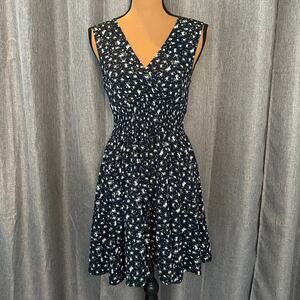 Derek Heart Navy Blue Floral Sleeveless Dress Smocked Waist V Neck Small